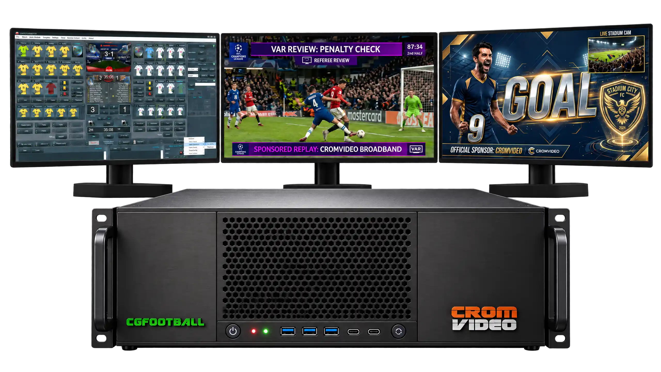 Servidor Rack 4U profesional para CGFootball con puesto de triple monitor para realización de videomarcadores